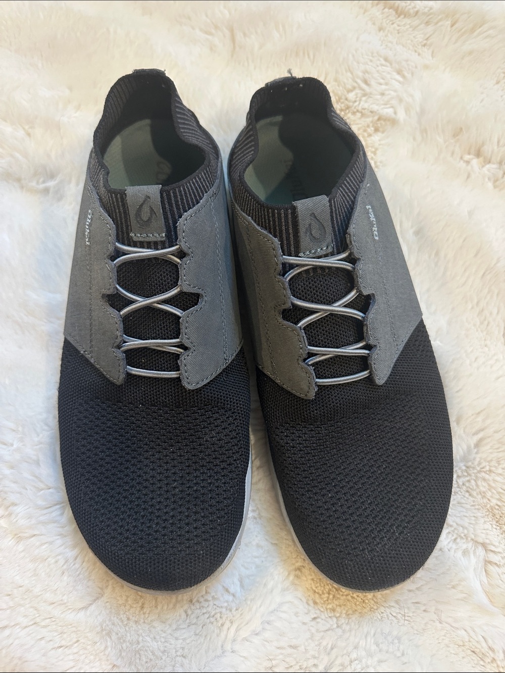 OluKai Black Knit Slip-On Sneakers with Gray Suede Panels